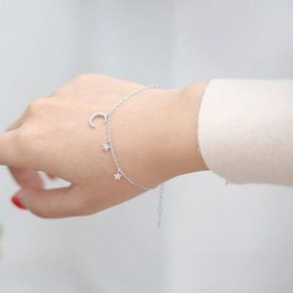 925 Sterling Silver Diamond Moon Star Bracelet A